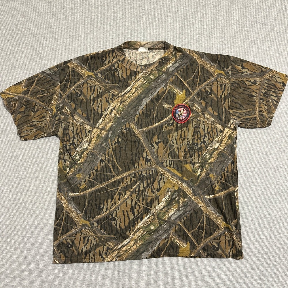 Mossy Oak Camo Shirt United Sportsmen Ted Nugent Patch Mens XL Hunting Tee Y2K